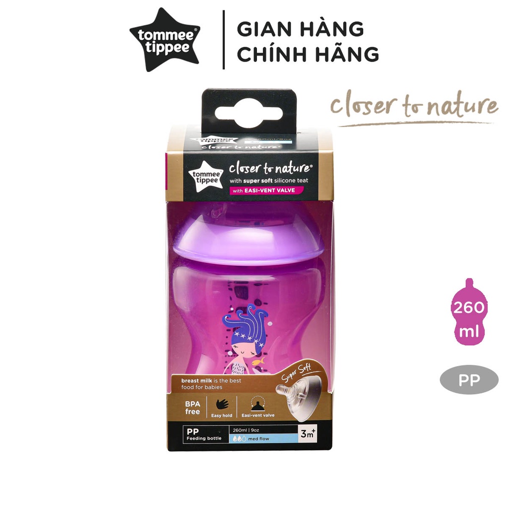 Bình sữa ty siêu mềm tự nhiên Tommee Tippee Closer to Nature 260ml, núm ty đi kèm 3-6 tháng – Tím