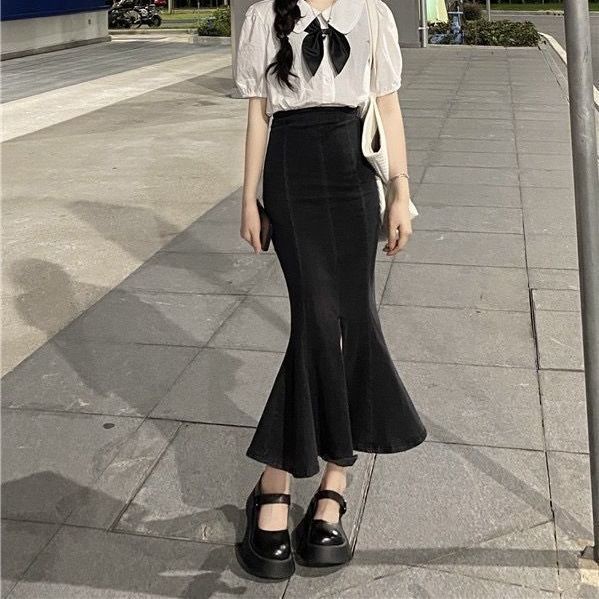 Jiashucheng Chân Váy Denim Đuôi Cá Lưng Cao Co Giãn Xẻ Tà Phong Cách Mới