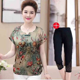 Set Đồ Bộ Ngắn Tay In Họa Tiết Thời Trang Mùa Hè Dành Cho Phụ Nữ Trung Niên 40-50 Tuổi