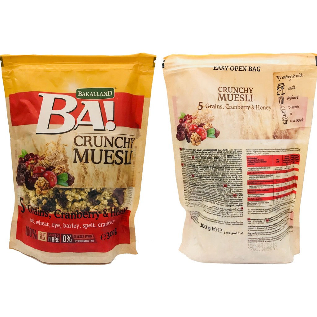 Ngũ cốc Trái Cây BAKALLAND Muesli giòn và trái cây cranberry, mật ong (300g).ĐỎ