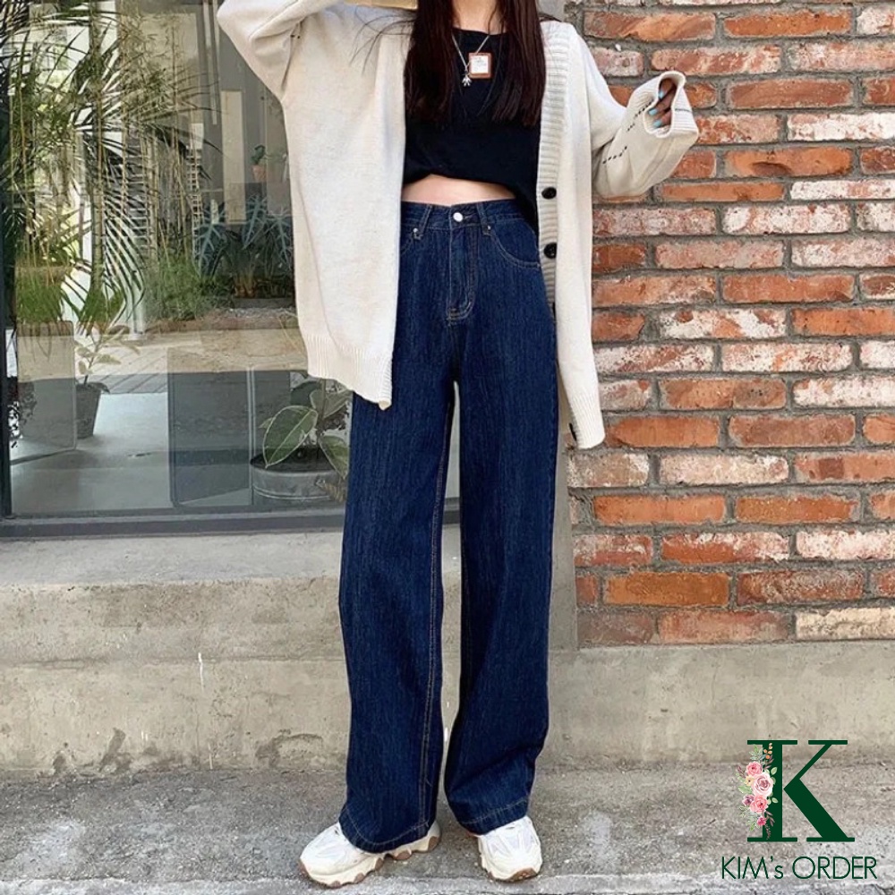 Quần Jean Nữ Màu Xanh Than Đậm Ống Suông Phom Rộng Dài Lưng Cạp Cao Phong Cách Ulzzang Hàn Quốc Cá Tính Báic Năng Động