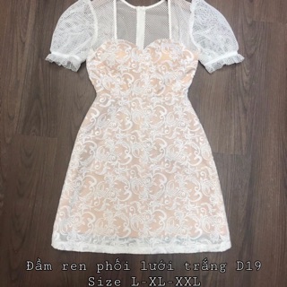 Bigsize Đầm ren phối lưới trắng D19