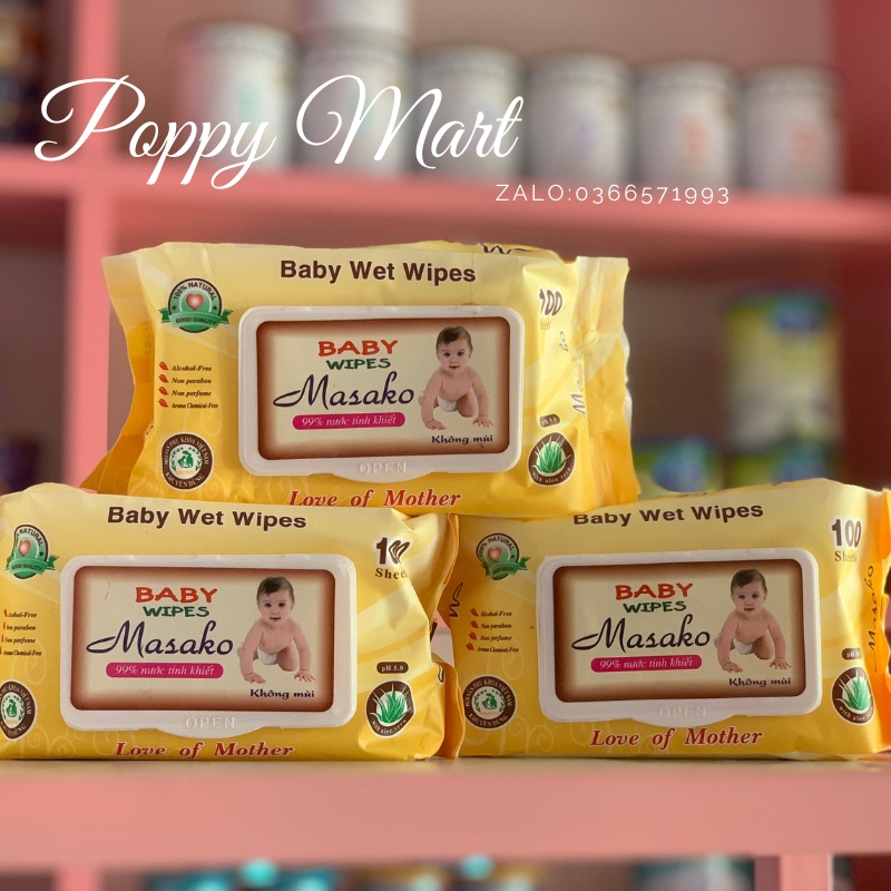 Khăn ướt Masako 99% nước tinh khiết-Không cồn-không mùi-không hóa chất.(An Toàn cho trẻ)