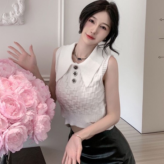 Áo sweater ZHELIHANGFEI sát nách cổ polo eo cao thiết kế quyến rũ cho nữ