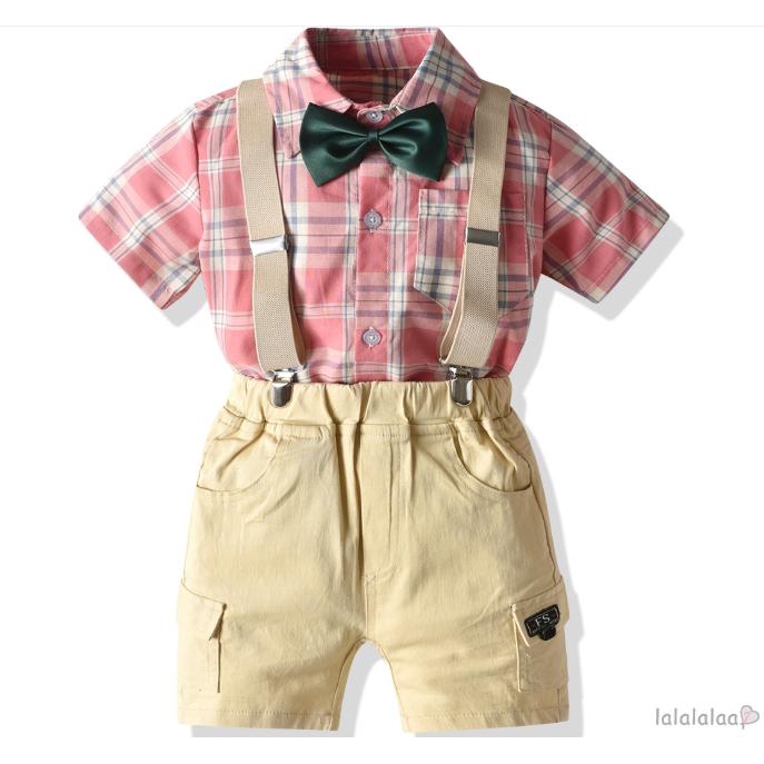❆☉❆Toddler Baby Boy Gentleman Plaid Bow Tie Shirt Tops Shorts Pants Outfit Set