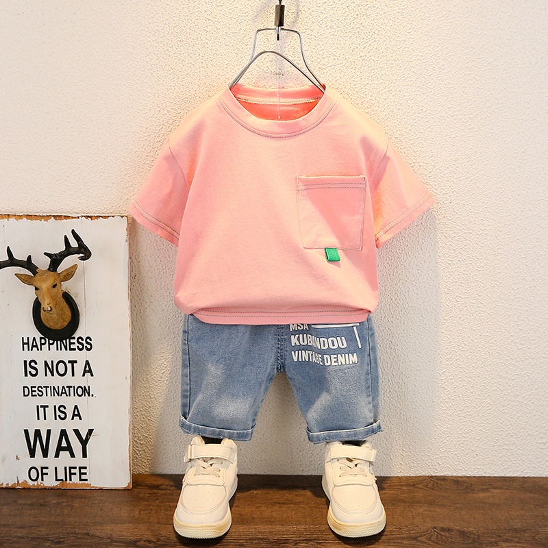 Bộ Áo Thun Ngắn Tay + Quần short denim Thời Trang Mùa Hè Chất Lượng Cao Cho Bé 0-6 Tuổi