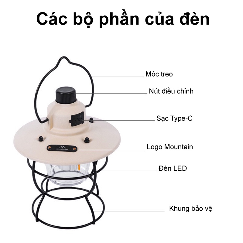 Đèn dã ngoại cắm trại Mountainhiker bóng LED kiểu đèn bão sạc tích điện ánh sáng 3 màu dung lượng pin lớn chống nước HB8