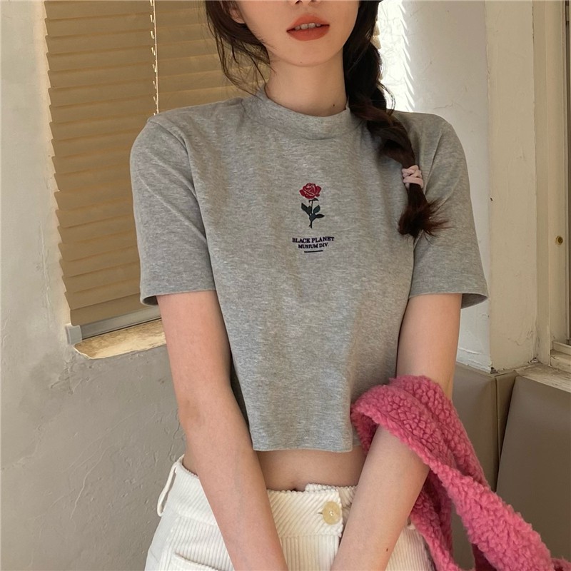 Áo Thun Ngắn Tay Cổ Tròn Nhỏ Ôm Dáng In Họa Tiết Hoa Hồng Phong Cách Hàn Quốc Cho Nữ