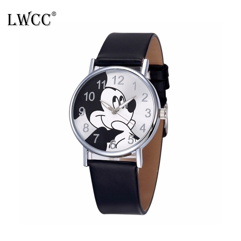 Đồng hồ LWCC 159 dây da mặt hình chuột Mickey dễ thương cho nữ