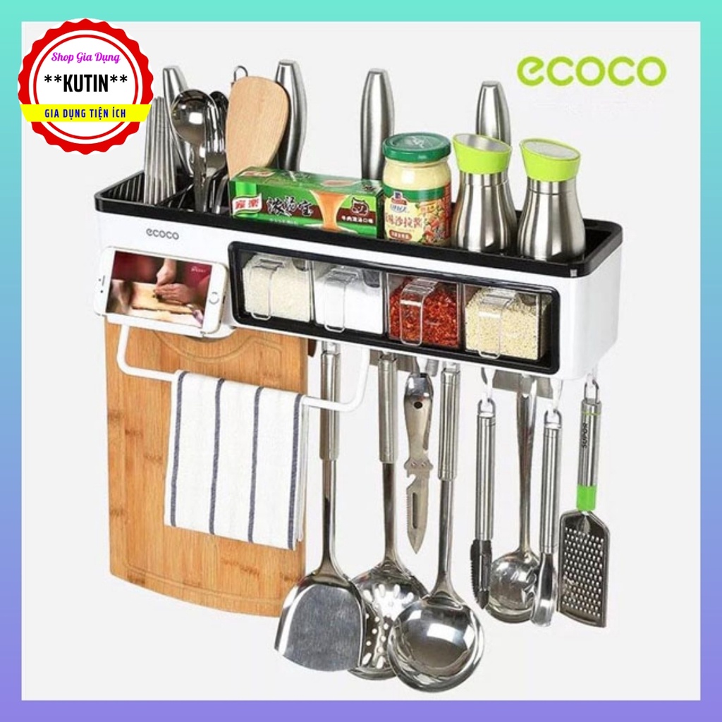 Kệ dán tường treo dao, thớt đa năng cao cấp ECOCO kèm 4 hũ gia vị