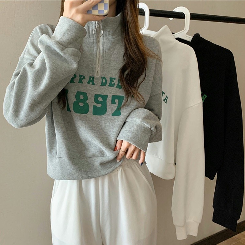 Áo thun SUXI tay dài cổ bẻ có khóa kéo thời trang mùa thu Hàn Quốc mới dành cho nữ