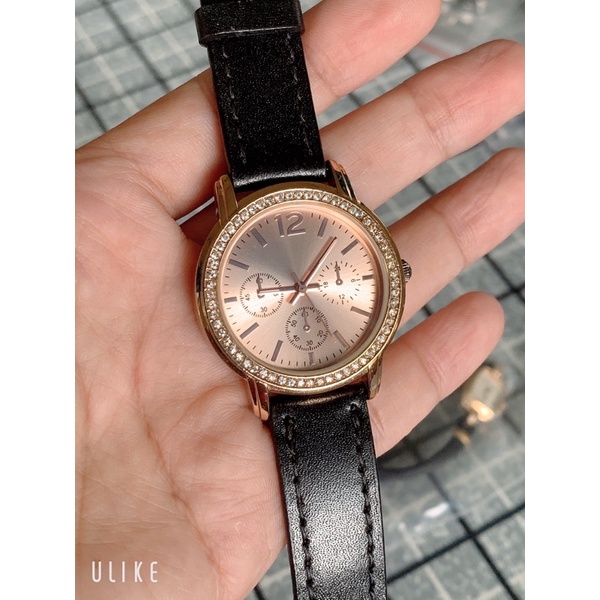 Đồng hồ si nữ máy Nhật viền đính đá, dây da