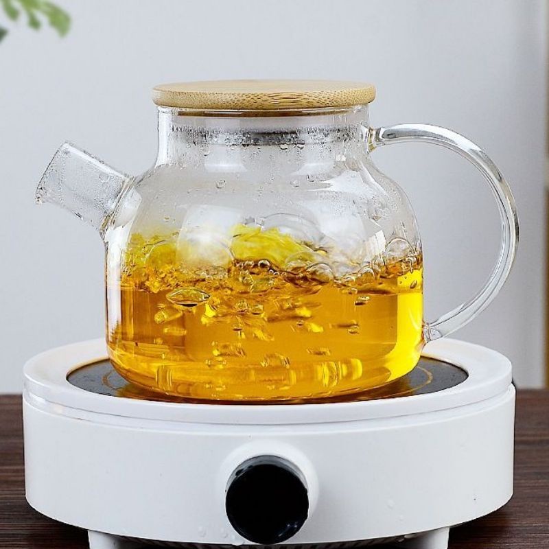 Ấm Trà 6 Chén Thủy Tinh, Bình Đun Nước, Detox Pha Trà 1000ML Nắp Gỗ Chịu Nhiệt