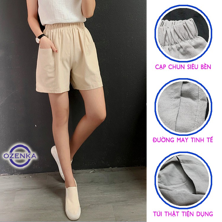 Quần short đùi nữ ống rộng mặc ở nhà OZENKA , quần cộc túi thật cạp chun chất đũi mềm mịn nhẹ mát giá rẻ màu đen trắng