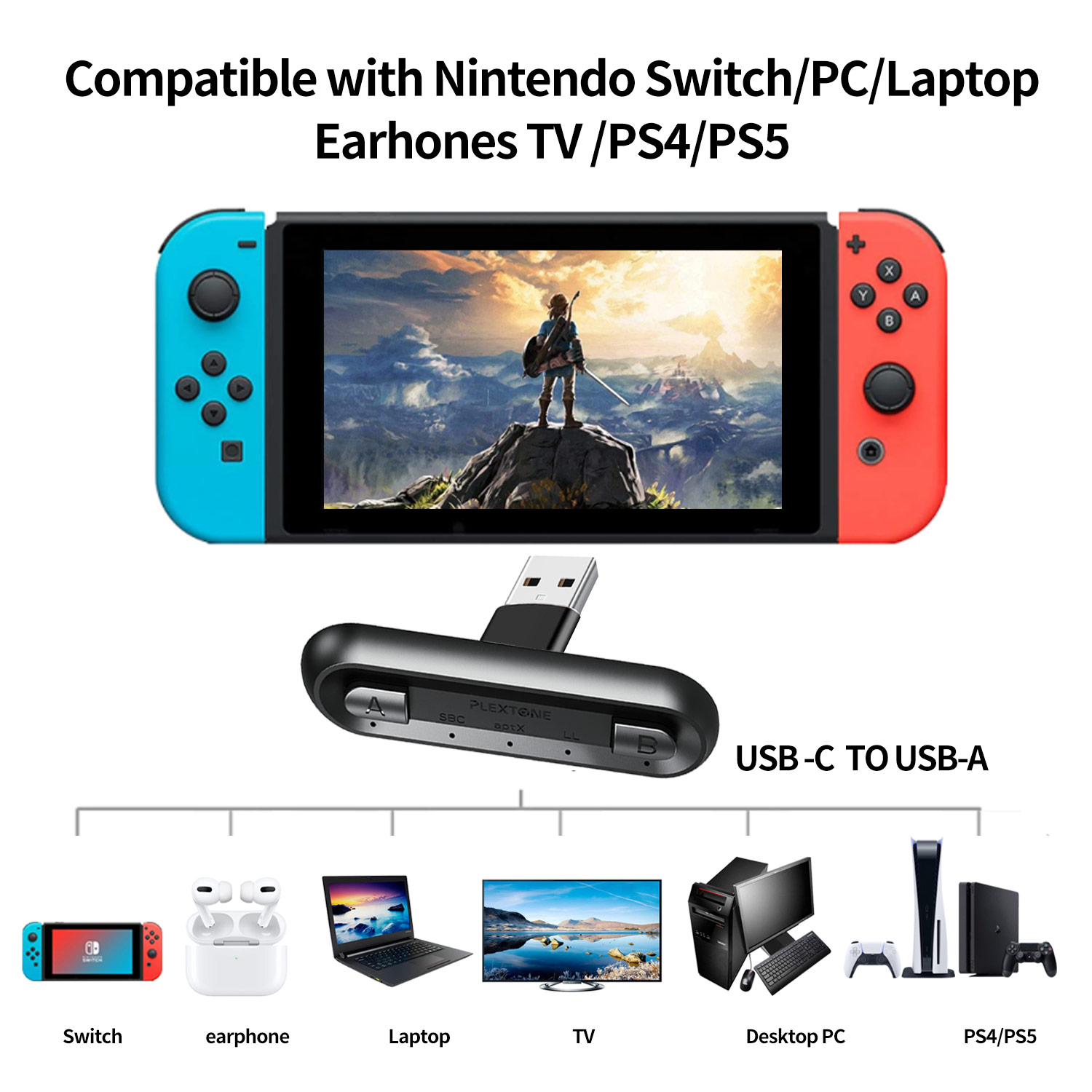 PLEXTONE Bộ Chuyển Đổi Âm Thanh Không Dây Usb Sang Nintendo Switch Ps5 Pc Laptops Cho Airpods Aptx