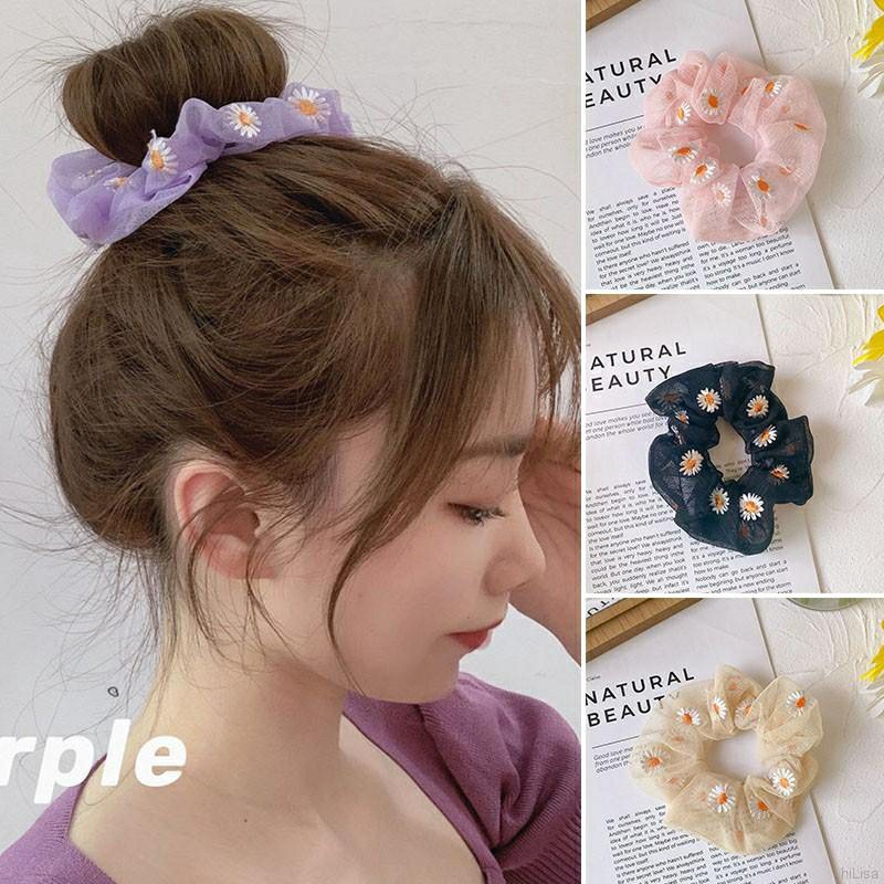 Dây Buộc Tóc Vải Voan ( Lưới ) In Hình Hoa Cúc - Scrunchies In Hoa Cúc Dễ Thương (Nhiều Màu)