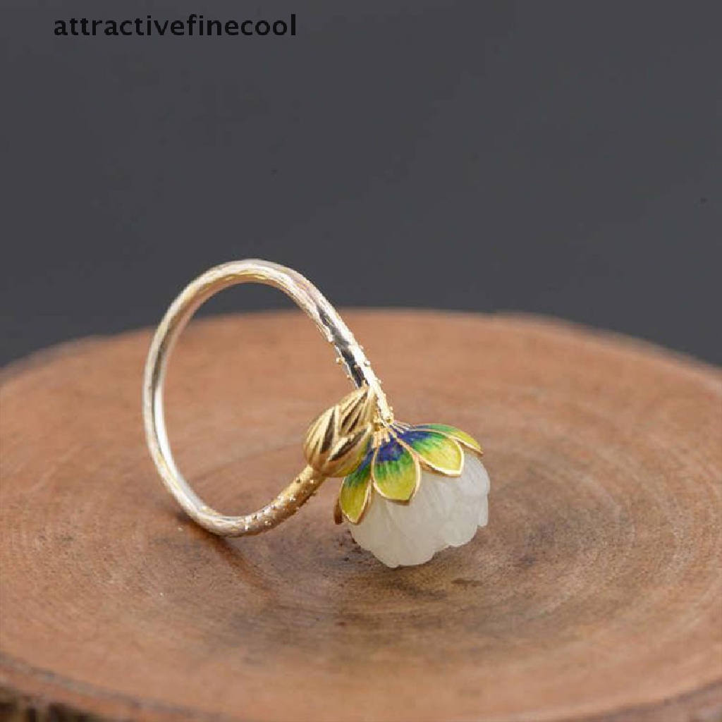 Acvn Nhẫn Bạc Đính Đá Ngọc Bích Màu Xanh Lam Hình Hoa Sen Thủ Công Phong Cách Retro Cho Nữ