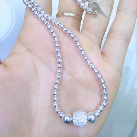 Dây chuyền bạc dây bi liền mặt cầu đính đá bạc ta cho bé