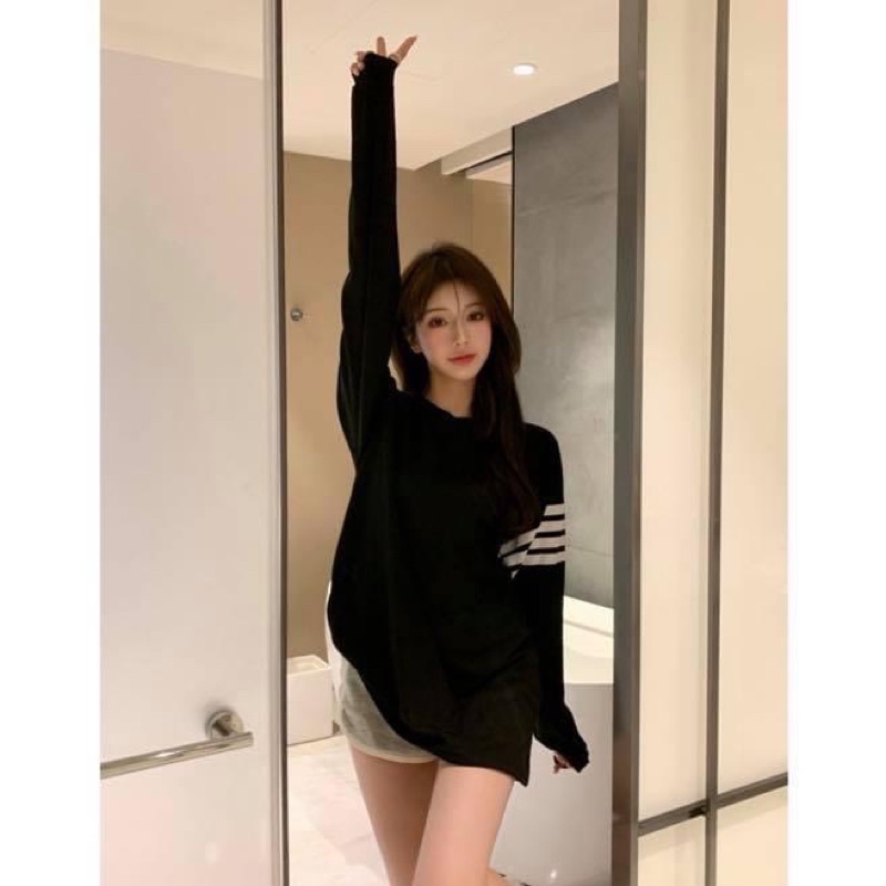 Áo thun tay dài kiểu nữ oversize form rộng sọc vằn thome browne - Order taobao quảng châu