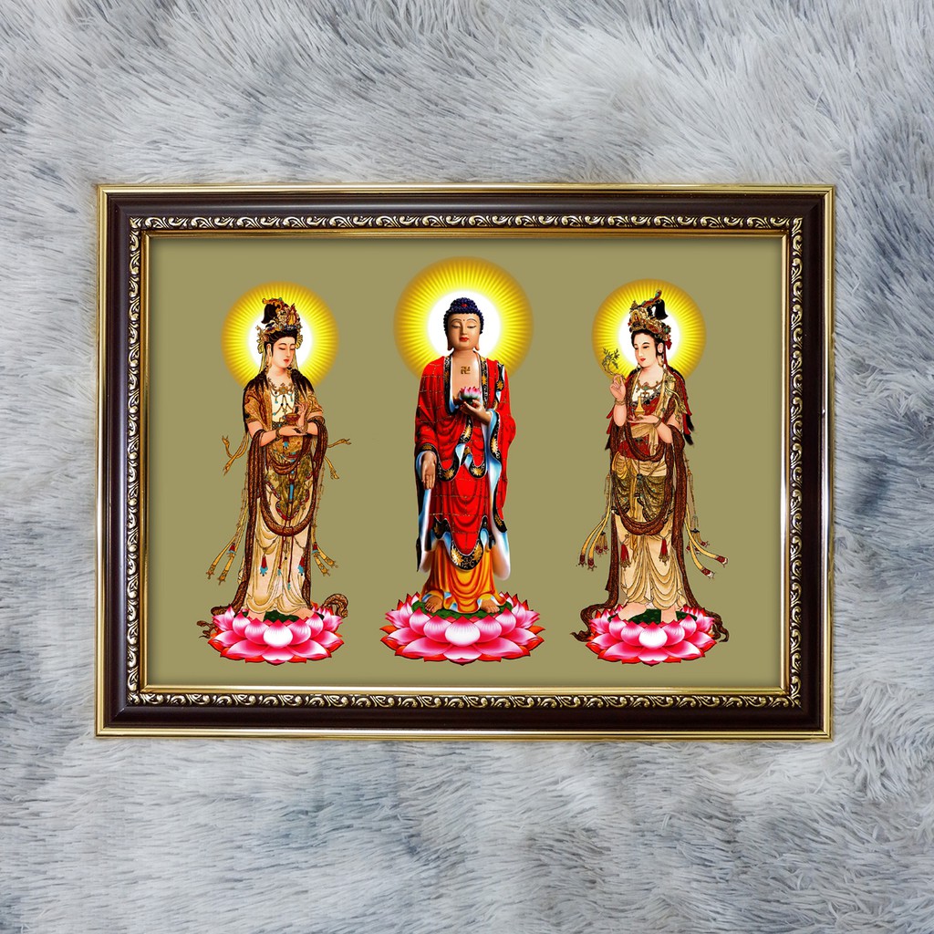 Tranh Tây Phương Tam Thánh 36x48cm bằng vải phủ bóng khung composite xịn xò