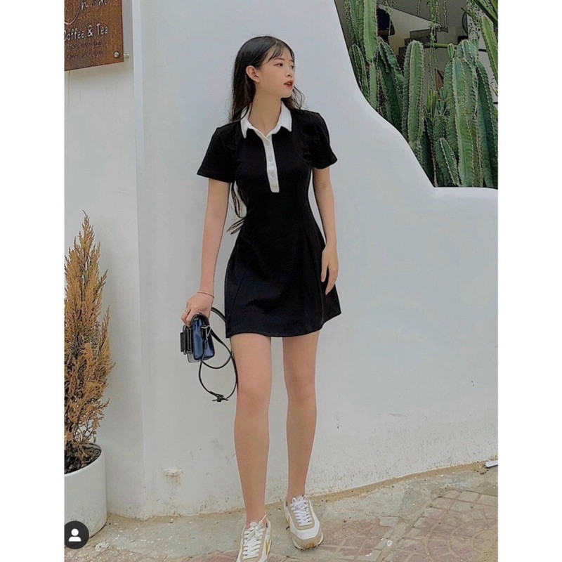 Đầm Polo Đen Viền Cổ Trắng~ Đầm Basic Chất Thun Co Giãn