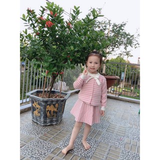 set váy len kẻ hồng QCCC