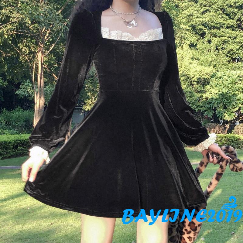 Đầm tay dài cổ vuông dáng chữ A màu đen phối ren thời trang cho nữ