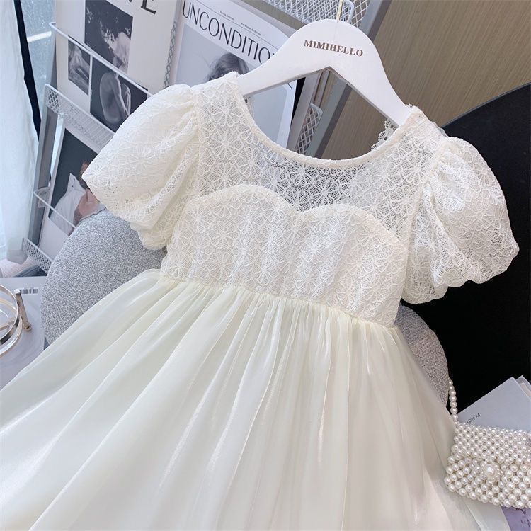 Đầm Công Chúa Cổ Yếm Phối Ren Màu Trắng Thời Trang Cho Bé Gái