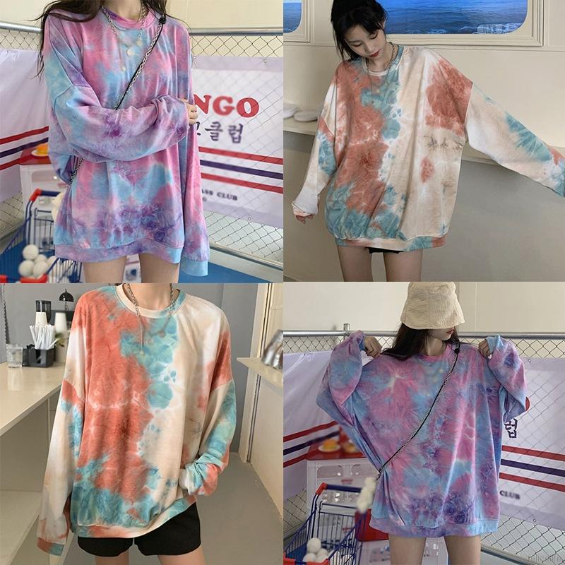 Áo Thun Tay Dài Dáng Rộng Cổ Tròn Họa Tiết Màu Loang Cá Tính Trẻ Trung Hợp Thời Trang