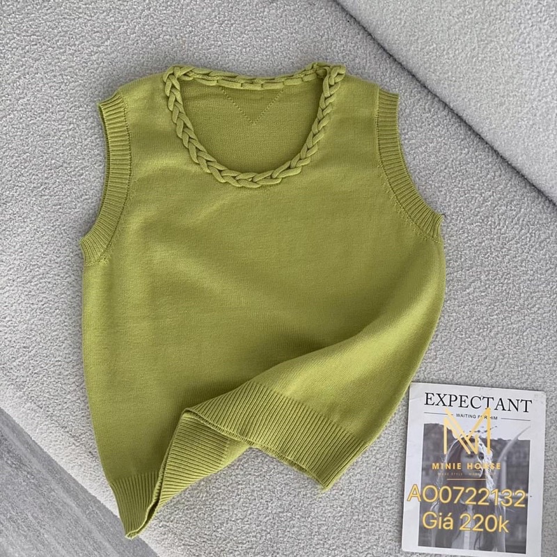 Áo len dệt kim sát nách cổ viền bính minie màu xanh bơ hottrend cute thời thượng