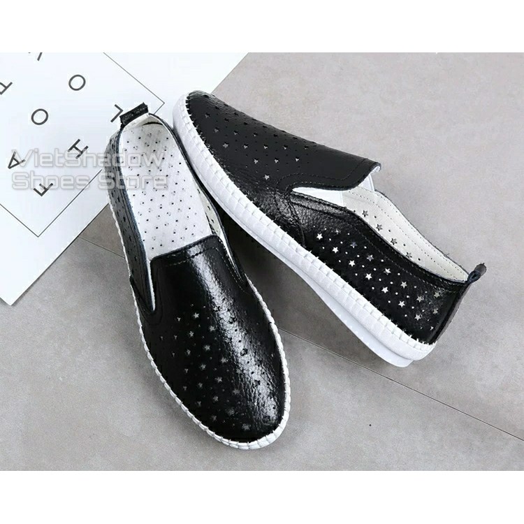 Slip on da nữ - Giày lười da nữ đột lỗ đế khâu - Chất liệu bò 2 màu (đen) và (trắng) - Mã SP 2026N