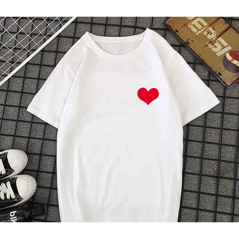 áo thun nam nữ tay lỡ in hình tim đỏ trắng đen