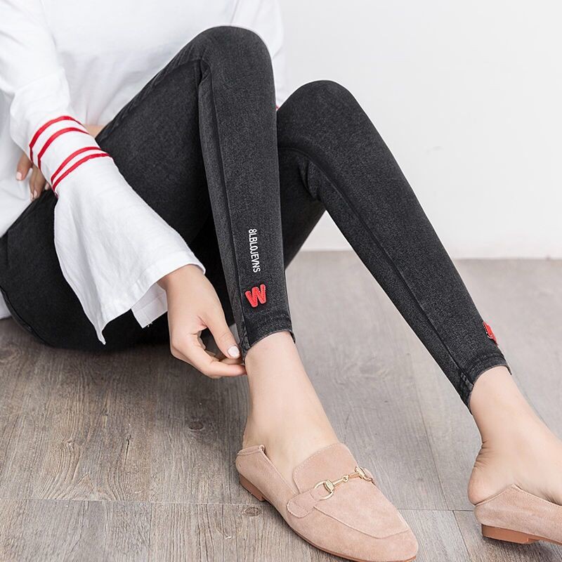 Women Elastic Legging Jeans Pocket Snowflake Black Skinny Pants | BigBuy360 - bigbuy360.vn