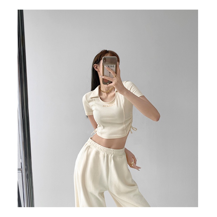 Áo thun MMIOT ngắn tay cổ chữ U phối dây rút thêu chữ thời trang mùa hè 2023 cho nữ