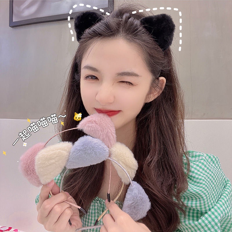Băng Đô Cài Tóc Hình Tai Mèo Phối Lông Dễ Thương