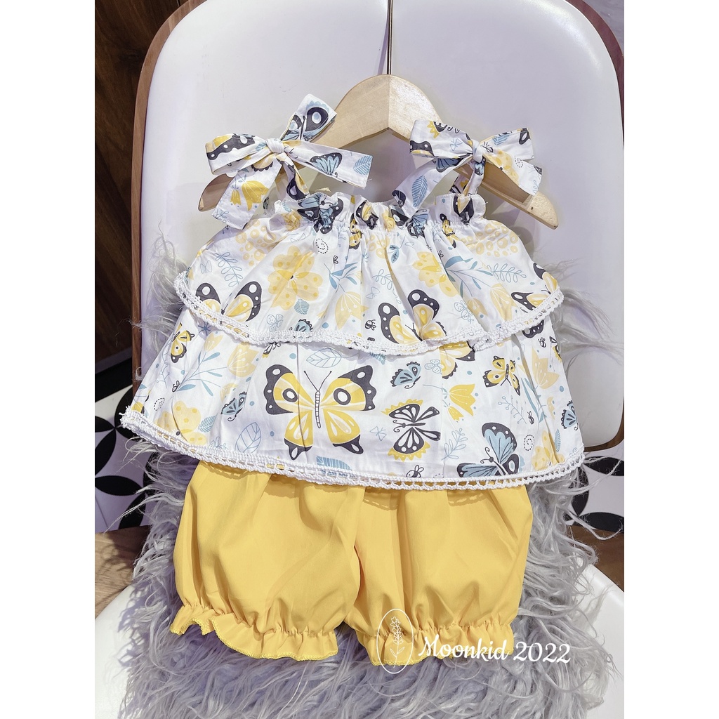 Bộ thô đũi 2 dây nơ vai bé gái dáng bồng 2 tầng 8-20kg