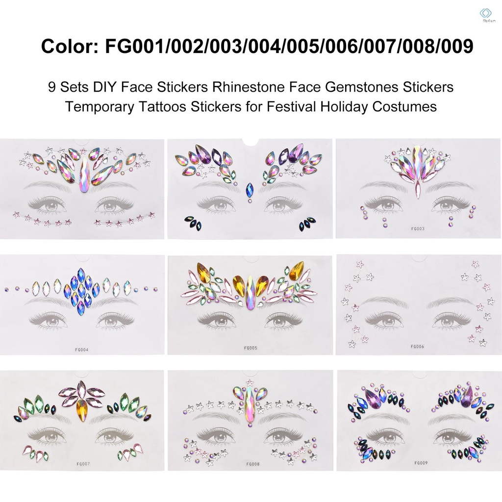 Set 9 miếng dán trang trí cơ thể thiết kế kiểu kim cương giả pha lê nhiều màu sắc đẹp mắt DIY | BigBuy360 - bigbuy360.vn