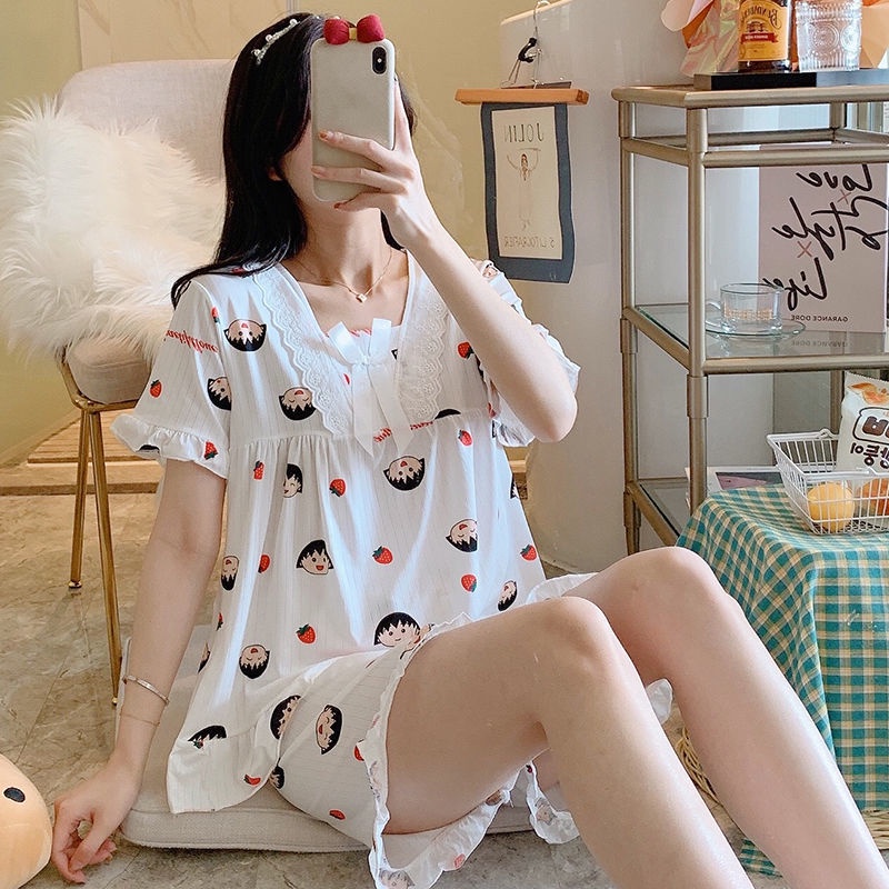 Bộ Đồ Ngủ Áo Tay Ngắn Phối Quần Short Vải cotton Kiểu Công Chúa Dễ Thương