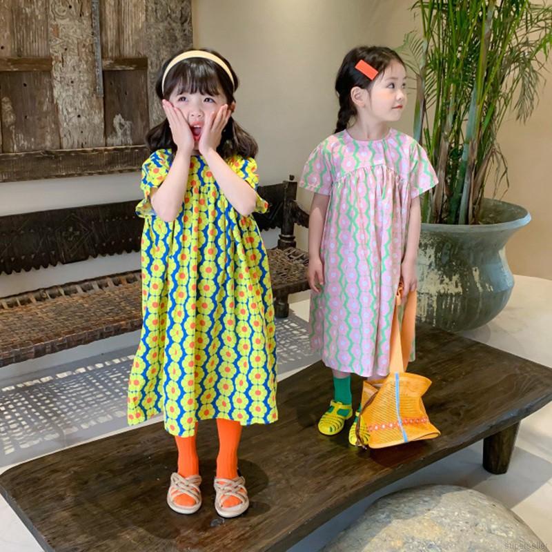 Đầm công chúa dáng dài cổ tròn in hoa phong cách Hàn Quốc thời trang mùa hè dễ thương cho bé gái 3-8 tuổi