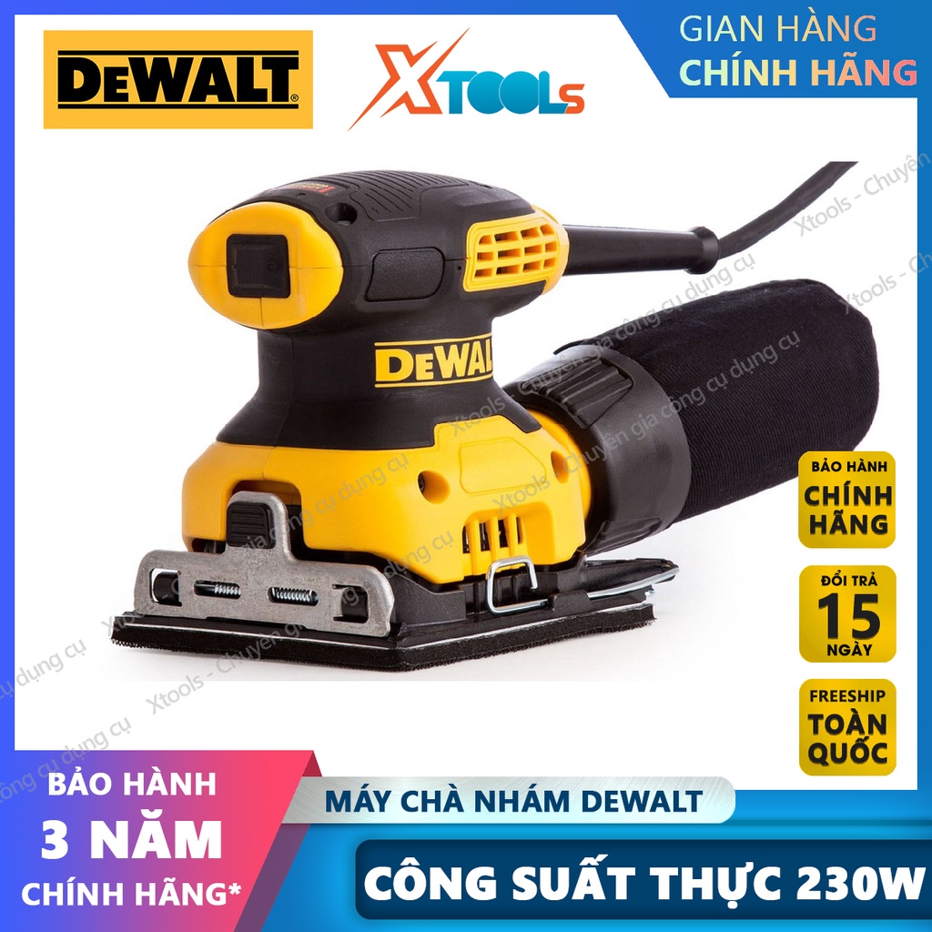 Máy chà nhám cầm tay DeWALT kèm đế chà và túi chứa bụi, đa tốc độ cơ chế tự động hút bụi nhám, vỏ máy cách điện 2 lớp