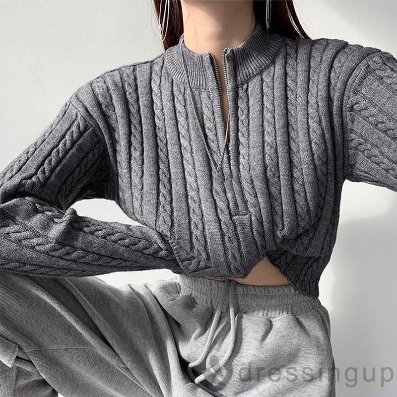 Áo Len Tay Dài Cổ Cao Màu Trơn Có Khóa Kéo Thời Trang Cho Nữ