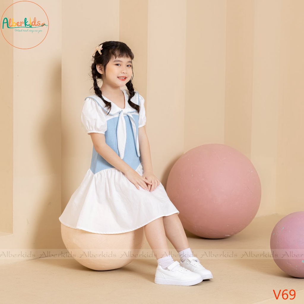 Váy bé gái ALBERKIDS cổ phối nơ cho trẻ em 2,3,4,5,6,7,8,9,10,11,12 tuổi