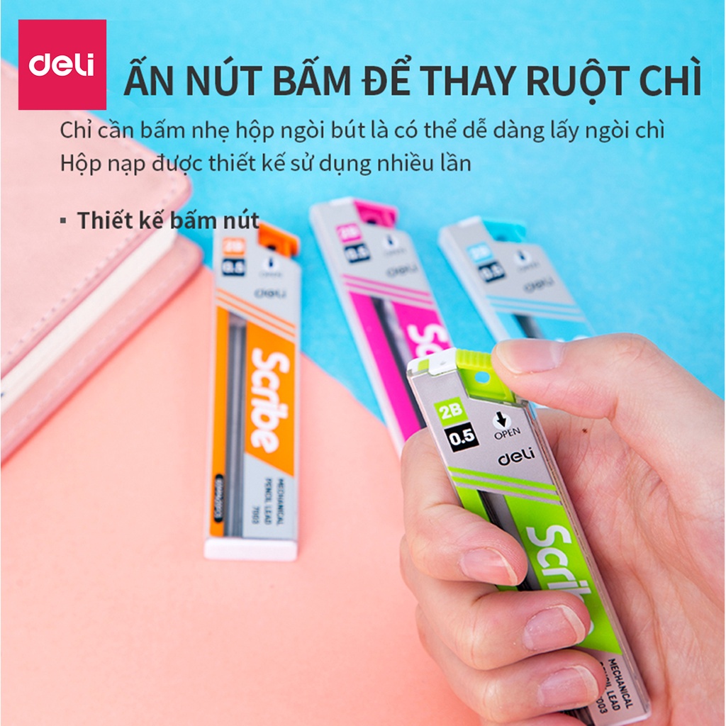 [Mã LIFEDELI20K5 giảm 20K đơn 0Đ] Ruột bút chì 0.5mm Deli, Xanh dương/Cam/Xanh lục/Hồng - 2 Ống - E7003