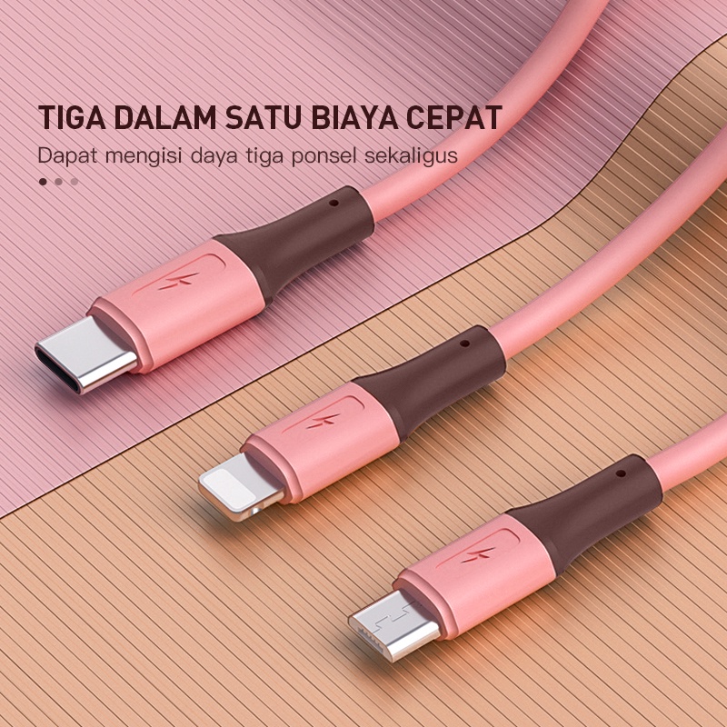 Dây Cáp Sạc Và Truyền Dữ Liệu 3 Trong 1 Dài 1.5m Cổng Micro Usb Sang Type-C Lightning Màu Hồng