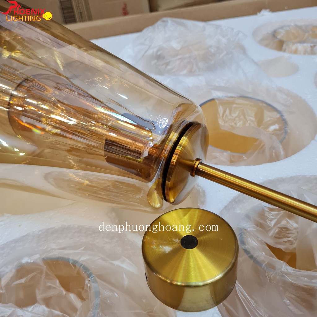 Đèn thả đuôi đồng chao thuỷ tinh màu trà trang trí cực đẹp - Đèn Phượng Hoàng