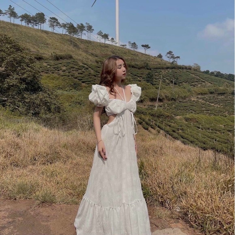Đầm Maxi Trắng Cut-out Khoét Lưng Tay Bồng Viền Bèo Siêu Sang Chảnh Sexy