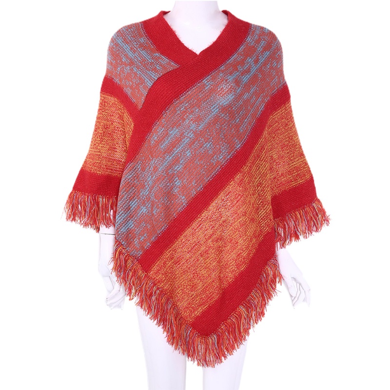 Áo Choàng Dệt Kim Chui Đầu Họa Tiết Kẻ Sọc Phối Tua Rua Màu Sắc Dân Tộc Cho Nữ | BigBuy360 - bigbuy360.vn