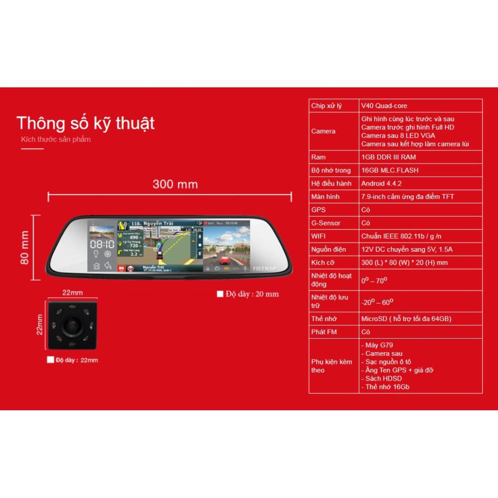 VIETMAP G79 - Camera Hành Trình Ghi Hình Trước Sau+ Bản Đồ Dẫn Đường+ Màn Hình Hiển Thị 3 Khung Hình+THẺ 32G