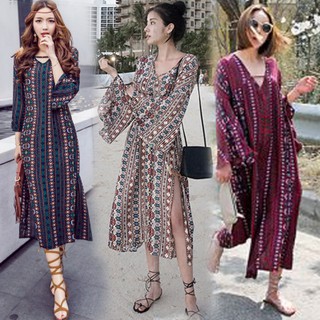 Hoa hàn quốc nữ voan dài tay mùa hè váy maxi có sẵn hàng mới
