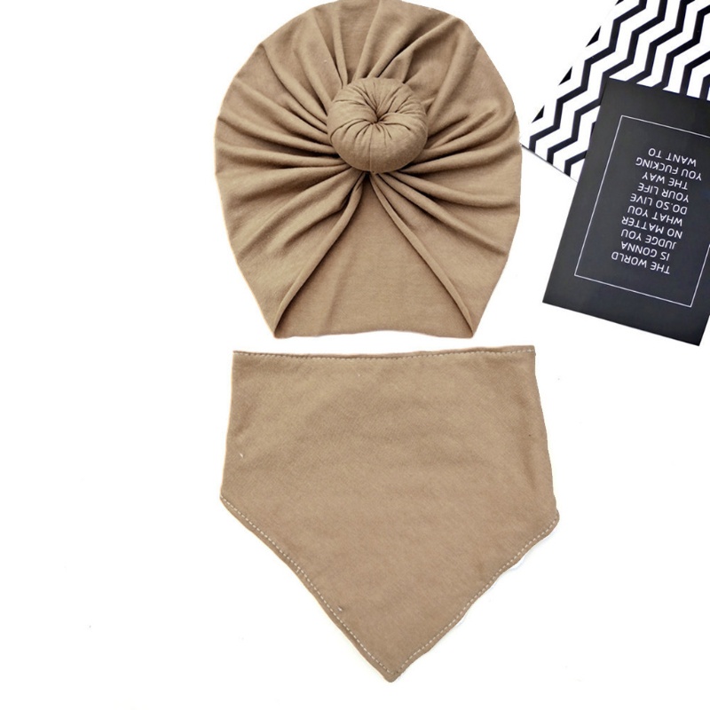 Set 2 Mũ Cotton Trùm Đầu Co Giãn Thắt Nút + Khăn Lau Nước Bọt Cho Bé